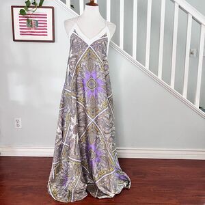 Forever 21 Womens Satin Paisley Maxi Length Tent Dress Sz L Boho Elegant Beach